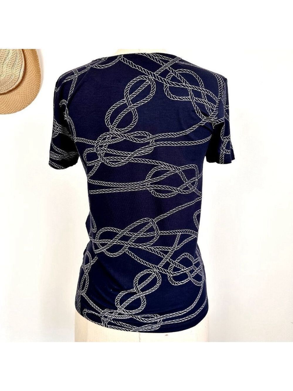 Dex Short Sleeve Patterned Top Navy Blue Womens Small Twist Tie Front - Picture 4 of 10